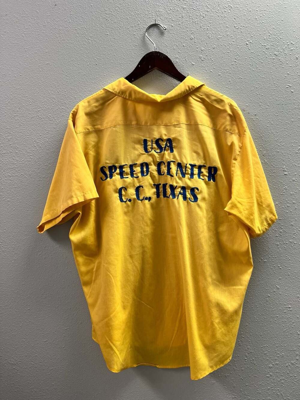 Vtg 70s Toppmaster Speed Center CC Texas Bowling Work Shirt Embroidered XL 0031